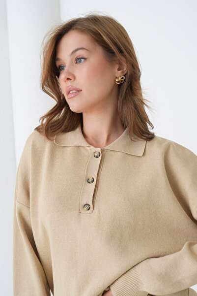 Noi Belis Oversized Premium Yarn Half Placket Button Polo Neck Knitwear Bottom-Top Set Aw25Au0029