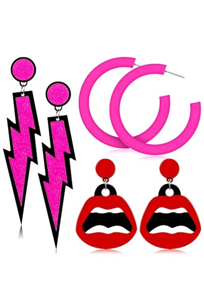 Jadive - Set cercei retro neon anii '80 (buze roșii, cerc roz), acrilic