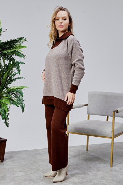 Jinx Wear Fashion Double Color Paneled Zipper Collar Wide Comfortable Oversized Acrylic Women's 2-Piece Knitwear Set