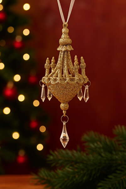 Jumbo Ornament Brad de Craciun Candelabru Sampaniu cu Glitter & Cristale 19cm