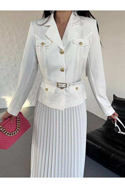 SUXİRCNHTMTS Γυναικείο Σετ Μίνι Φούστα με Πλισέ & Μπλέιζερ με Ζώνη - Τάση Συνδυασμού