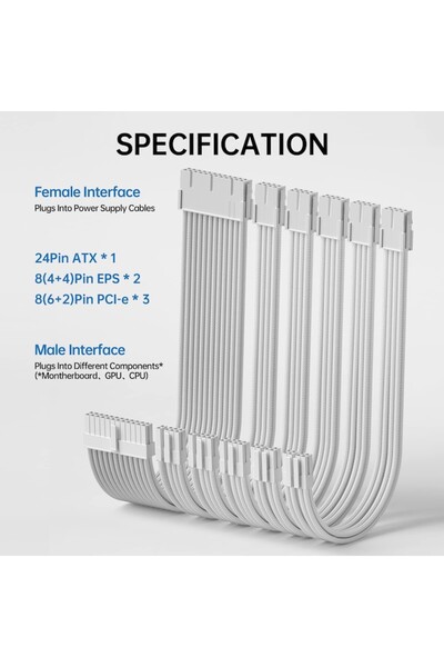Asiahorse PC Power Extension Cable Set, AsiaHorse, 16AWG, Cable Management, 30cm, White