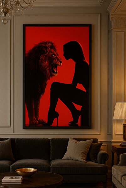 Dekor Paleti Asalet ve Güç Temalı Aslan ve Kadın Siyah Çerçeveli Tablo | Mode...