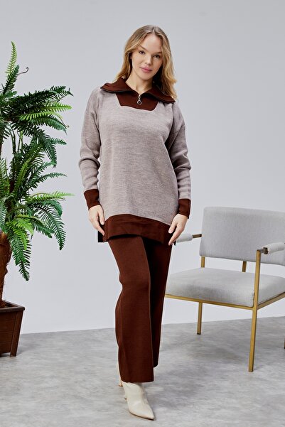 Jinx Wear Fashion Double Color Paneled Zipper Collar Wide Comfortable Oversized Acrylic Women's 2-Piece Knitwear Set