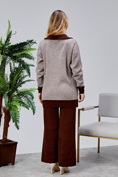 Jinx Wear Fashion Double Color Paneled Zipper Collar Wide Comfortable Oversized Acrylic Women's 2-Piece Knitwear Set