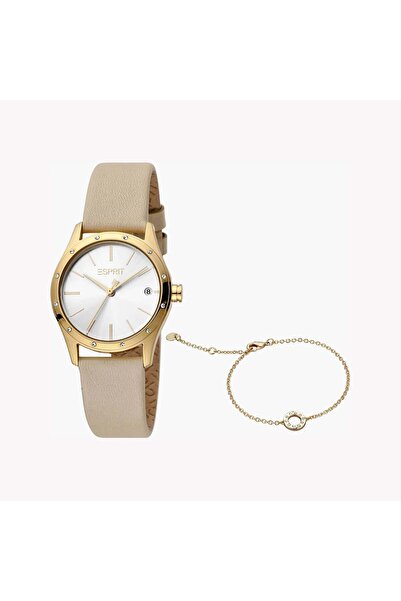 Esprit Women's Beige Leather Watch, Silver Dial | Es1l084m0015