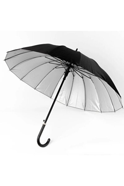 Saltos Baston Şemsiye Fiber Telli Dışı Siyah İçi Gümüş Renk Unisex Şemsiye Er...