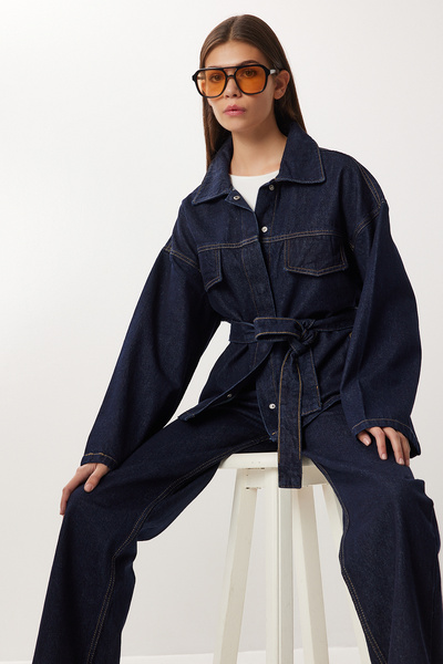 Lovelyİstanbul Belted Denim Jacket Pants Set Lri0020 Dark Blue