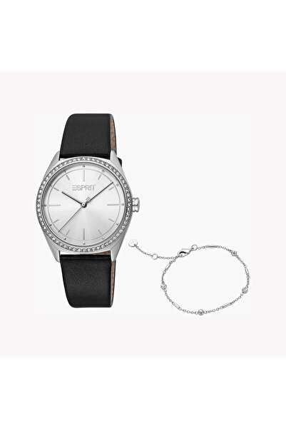 Esprit Women's Black Leather Watch, Silver Dial | ES1L289L0015