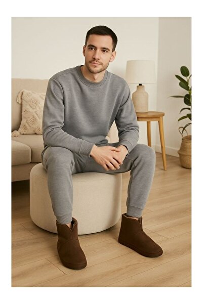 Motif Trend Erkek Termo Taban Peluş Astar Kahverengi Ev Botu Sıcak Tutan Konforlu Kışlık Ev Ayakkabısı