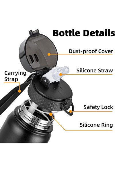 OEM OLDLEY Water Bottle, 1000 ml, with Straw and Lid, Stainless Steel, Black