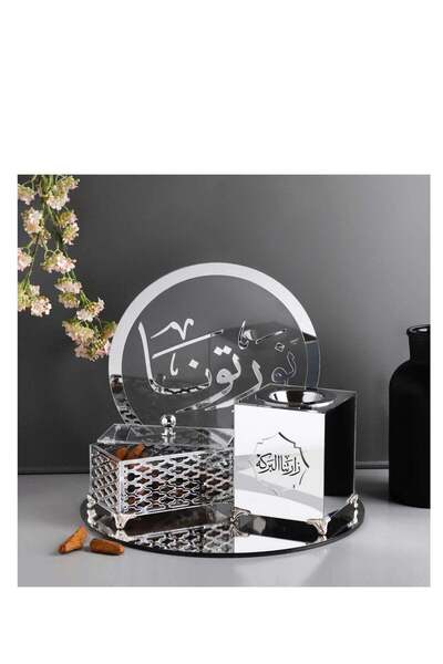 Story of candle مبخرة مع صندوق بخور واستاند مع صينية تحملها,بعبارة "زارتنا البركه" مصنوعه من الاكريلك اللامع والشفاف