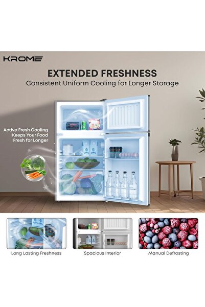 Krome 138L Gross 90L Net Double Door Refrigerator | Direct Cool | Top Mount Freezer | Glass Shelves