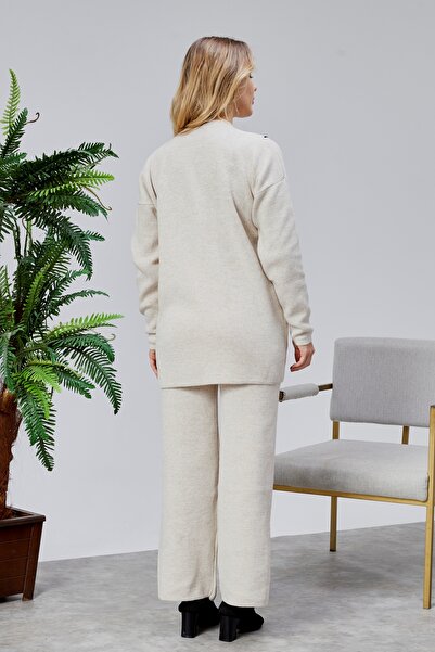 Jinx Wear Fashion Shoulder Leaf Lace Pearl Detail Women's 2-Piece Acrylic Women's Knitwear Set