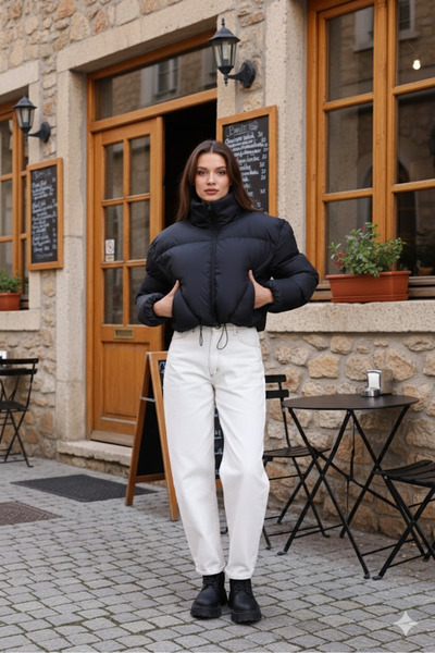 CIQULATA Kadın Yeni Sezon Çapraz Dikişli Kışlık Mont Lastik Detaylı Crop