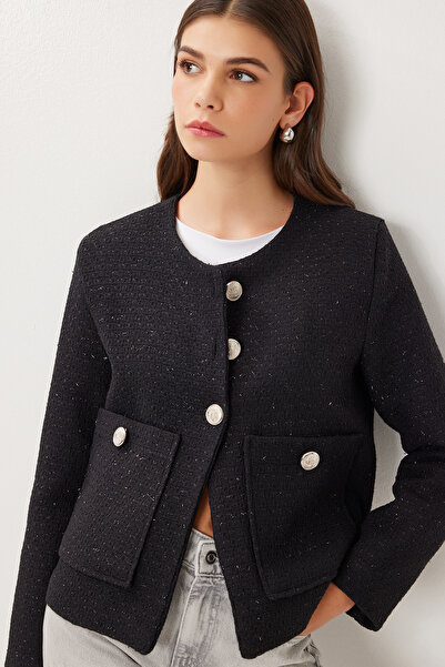 Lovelyİstanbul Shoulder Pad Button Tweed Jacket Loh0016 Black