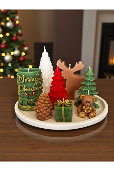 magnocandles Yılbaşı 9’lu Mum Seti Geyik, çam ağacı,ayıcık,hediyekuyusu,sütun mum,kozalak ,tabak