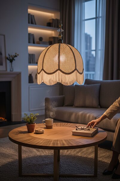 Göksu Lighting Retro Vintage Rattan Püsküllü Sarkıt Avize - Salon Oturma Odası