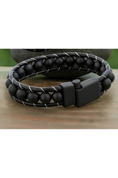 voyageaccessory Double Layer Weave Design, Men's Matte Onyx Stone Leather Bracelet with Magnetic Clip