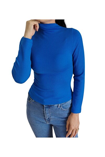 moda felinya Sax Blue Half Fisherman Ribbed Non-Warping Fabric Women's Body (Slim Fit)