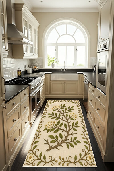 Etnik Dekor Çiçek Nakışı Desenli Kaymaz Taban Makinede Kolay Yıkanabilir Sili...