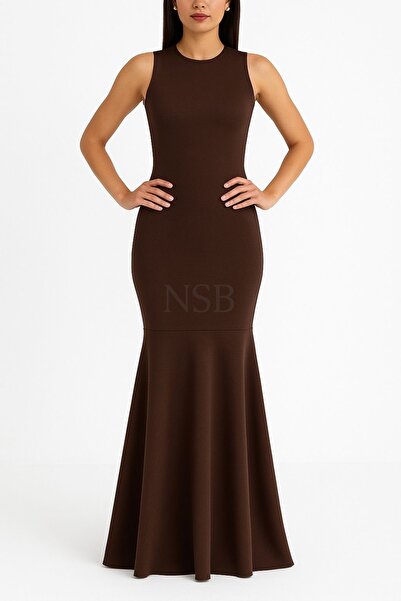Nsb Tasarım Γυναικείο καφέ αμάνικο μακρύ φόρεμα με βολάν