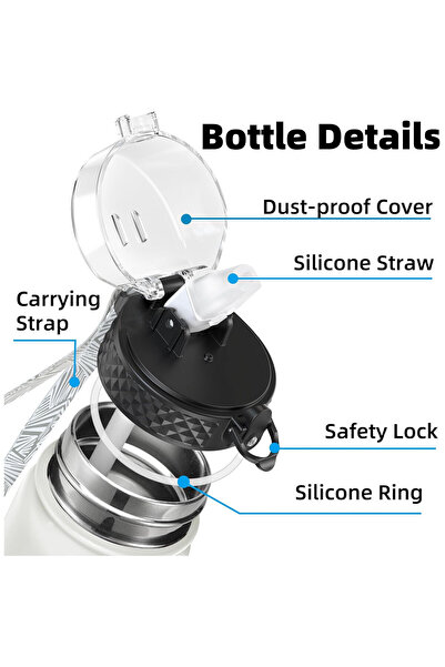 OEM OLDLEY Water Bottle, 1000 ml, with Straw and Cap, Stainless Steel, White