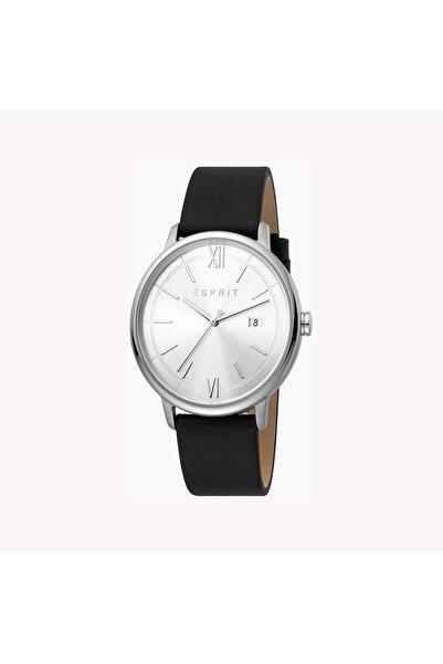 Esprit Men's Black Leather Watch, Silver Dial | Es1g201m0035