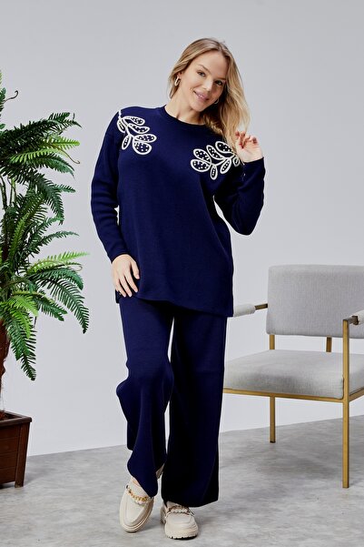 Jinx Wear Fashion Shoulder Leaf Lace Pearl Detail Women's 2-Piece Acrylic Women's Knitwear Set