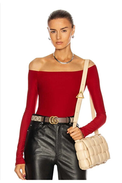 bysoca Kadın Kırmızı Straplez Madonna Yaka Düşük Omuz Uzun Kollu Tanga Kesim Esnek Sandy Bodysuit