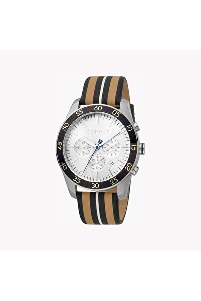 Esprit Men's Black Leather Watch, Silver Dial | ES1G204L0015