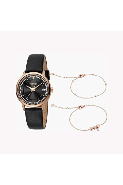 Esprit Women's Black Leather Watch, Black Dial | ES1L181L2035