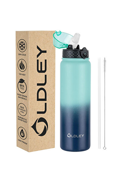 OEM OLDLEY Water Bottle, 1000 ml, with Straw and Cap, Stainless Steel, Green-Blue Color