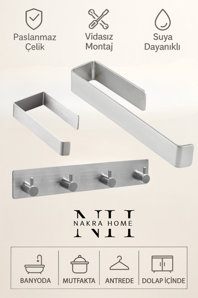 NAKRA HOME 3'lü Set ( Paslanmaz Çelik Yapışkanlı Havlu Askısı , Tuvalet Kağıt...