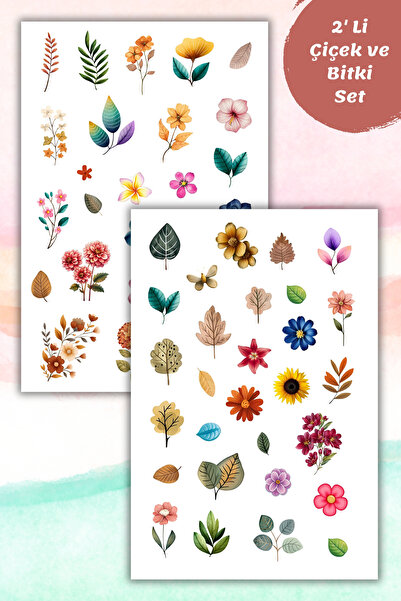 birikiyedi 2'Li Soft Çiçekve Bitki Temalı Sticker Seti / Bullet Journal Scrap...