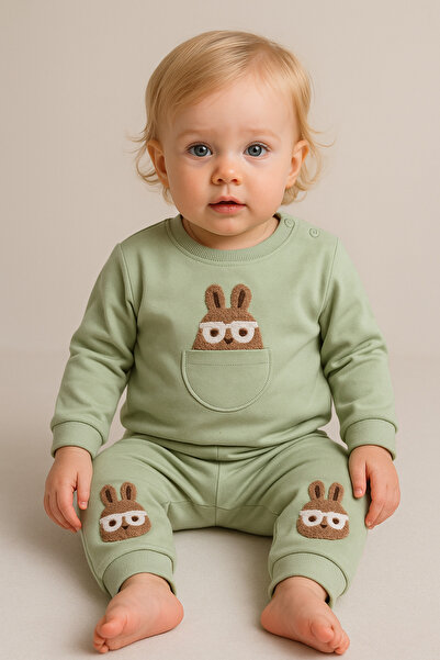 MixMax Bebe Kız Bebek Gözlüklü Şirin Tavşan Uzun Kollu Alt Üst Bebek Takımı %...
