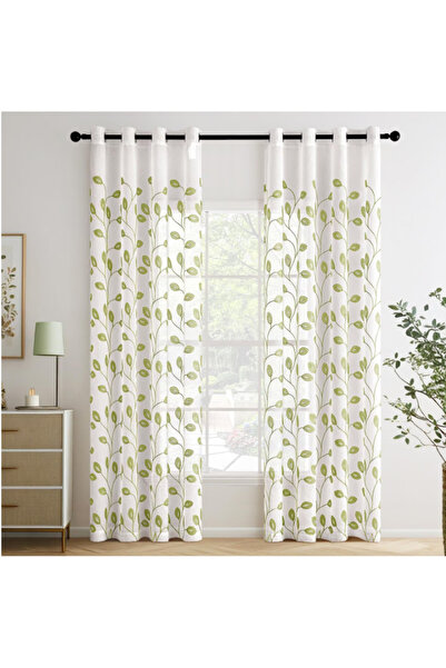 OEM Set of 2 MIULEE curtains, 140 x 220 cm, transparent voile, with rings, leaf pattern, white and green