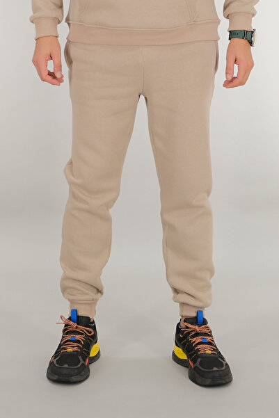 Souris Men's Beige Sweatpants Relaxed Fit 3 Thread Fleece-Lined Drawstring Ribbed Waist