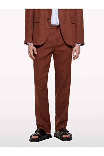 Sisley 100% Linen Slim Comfort Fit Pants Men's Brown Trousers - 325P4Aghsf049