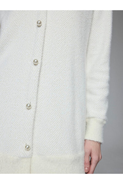 Zühre Women's Collar Detailed Ecru/Gold Buttoned Cardigan Hr-0032