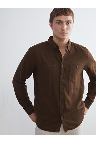 LC Waikiki Brown Regular Fit Long Sleeve Gabardine Men's Shirt