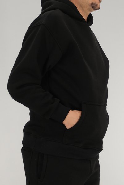 Souris Men's Oversized Hooded Sweatshirt Cotton Fleece-Lined Fabric Loose Fit Kangaroo Pocket Black