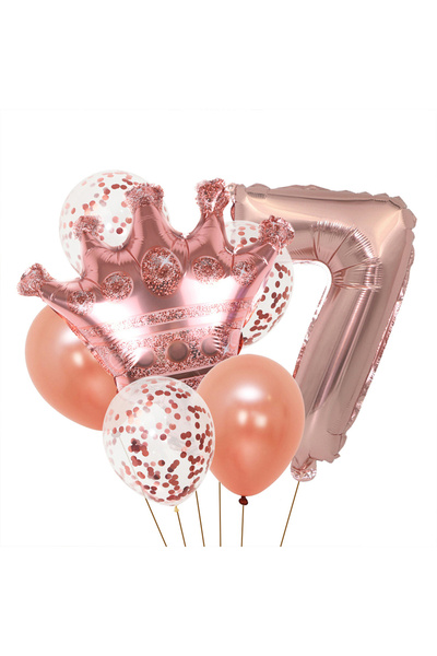 OEM Σετ 7 μπαλονιών γενεθλίων, Στέμμα, Αριθμός 7, λατέξ, Χρυσό/Ροζ