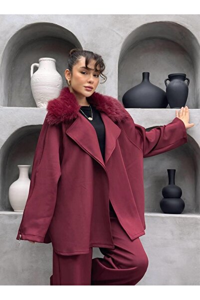 Cardella Premium Skuba Belted Jacket Set with Fur Collar – Hijab Compatible Two-Piece Set with Zippered Sleeve Detail