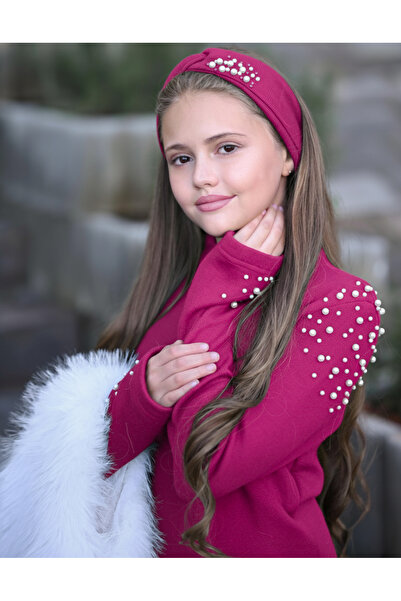 UZUN BUTİK Kids Girl's Fur Vest and Pearl-Detail Knitwear Set with Pearl-Bandana