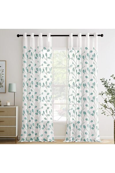 OEM Set of 2 MIULEE curtains, 140 x 260 cm, transparent, with rings, leaf pattern, white and turquoise