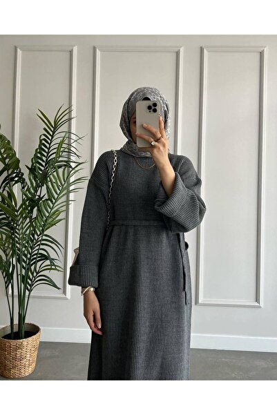 MAXXANA Bağcıklı Bol Kesim Yarasa Kol Fitilli Triko Elbise 38-44 Beden Arası