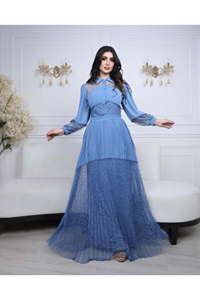 Opera Fashion فستان أزرق أورجانزا مكسر مع دانتيل ناعم