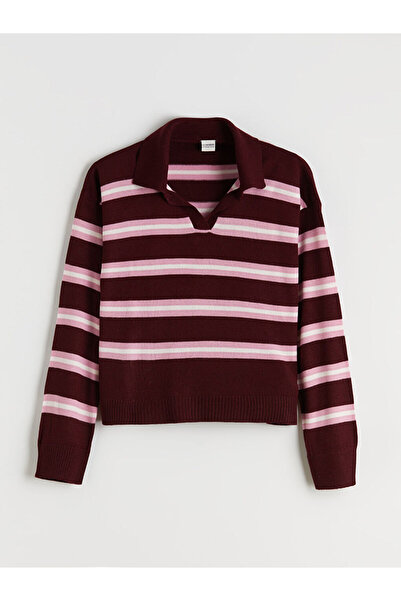 LC Waikiki Pulover tricot pentru fete LCW Kids, roșu claret, cu guler polo