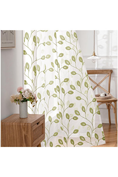 OEM Set of 2 MIULEE curtains, 140 x 220 cm, transparent voile, with rings, leaf pattern, white and green